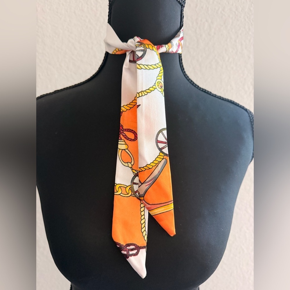 Orange & White Satin Skinny Scarf | Retro Chic